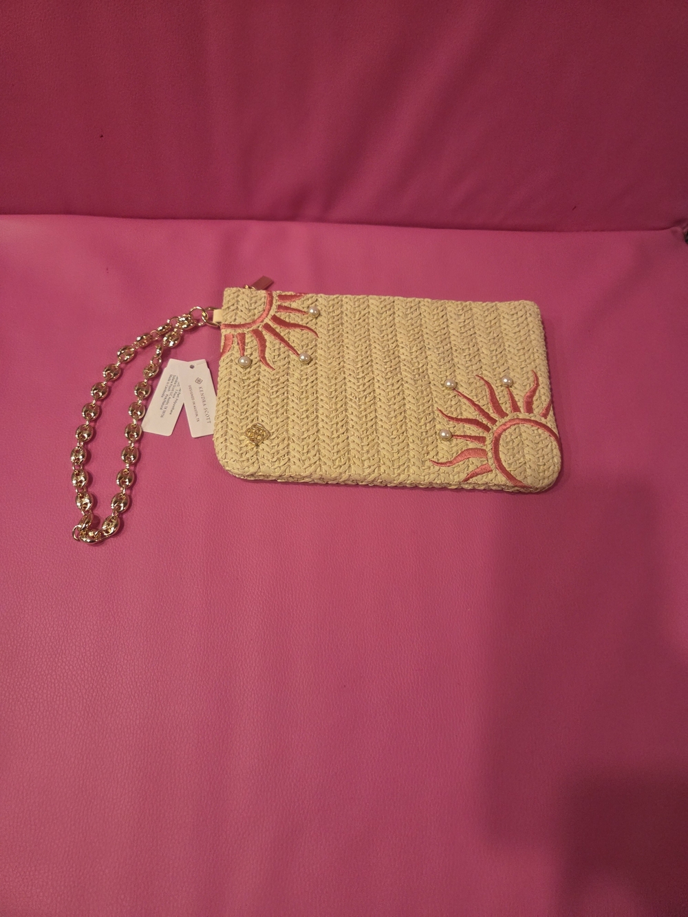 Kendra Scott Cream Woven Sunburst Clutch with Coral Embroidery